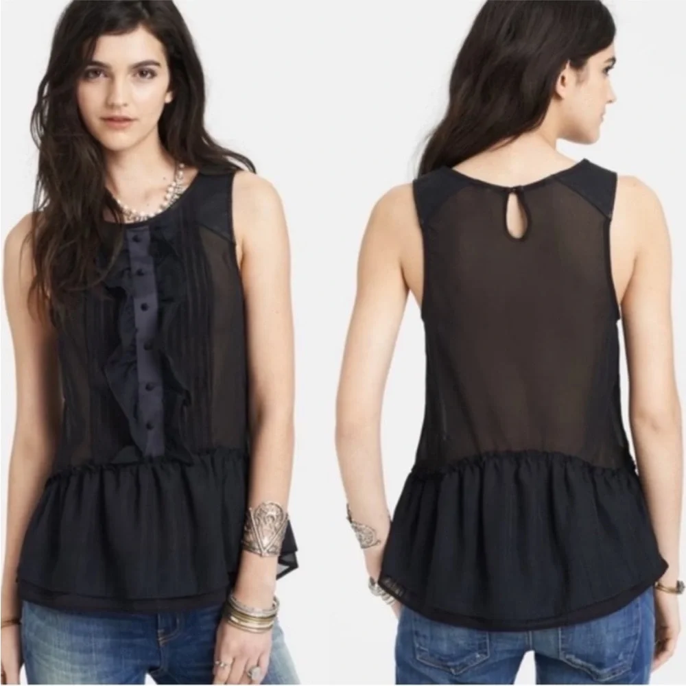 🔥 FREE PEOPLE Tank Top Paint the Town Faux Leather Strap Black Ruffle Front S
